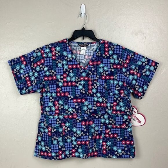 Sierra Women's Blue Pink Floral Scrub Top Large NWT nurse office periwinkle vet - Picture 2 of 8
